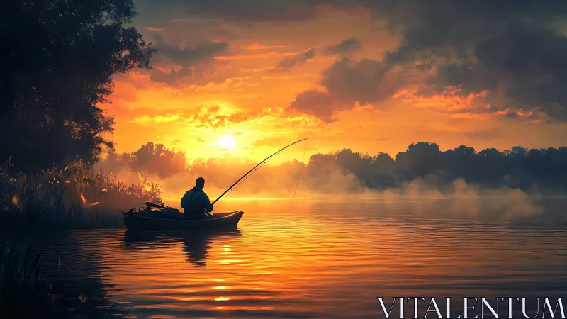 Solitary fisherman casts line across blazing sunrise lake.