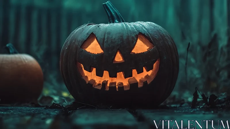 Carved jack-o-lantern glows on wet path in eerie blue mist