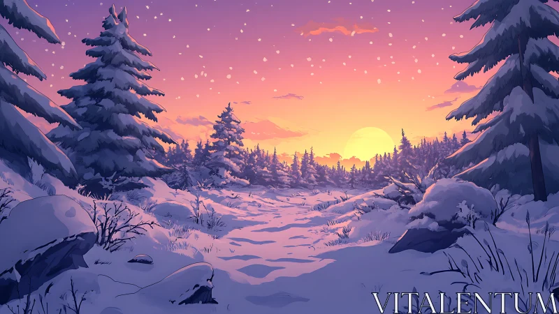 Snowy pine forest glows beneath a vivid winter sunset.