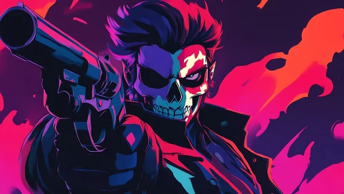 Neon skull gunman in dynamic pop art noir composition.