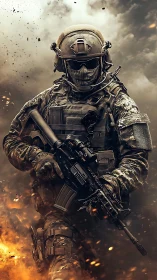 Armored special forces operator advances through explosive smoke