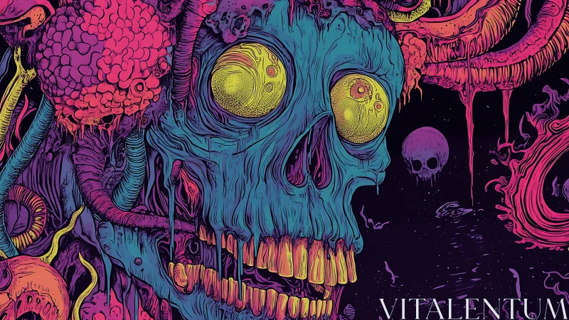 Psychedelic neon skull dissolves into cosmic biomorphic tendrils