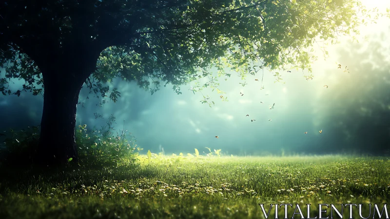 Serene sunlit meadow under lush tree in dreamy morning light.