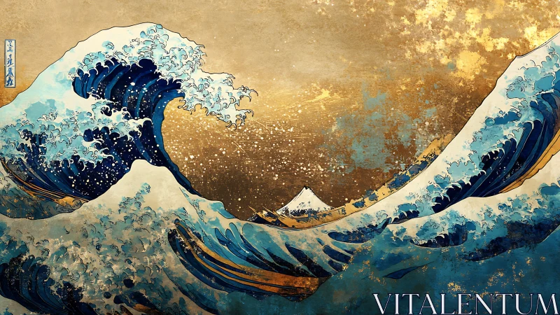 Large stylized ocean waves with distant mountain backdrop.