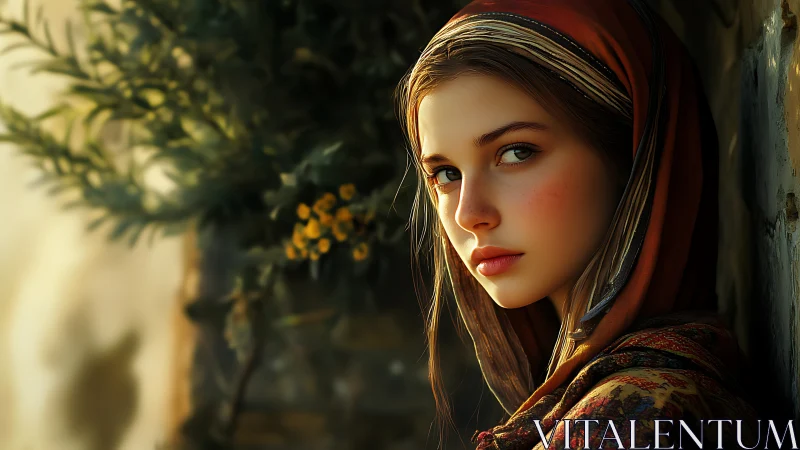 Warm side-lit portrait of veiled young woman in rustic setting