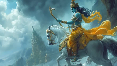 Regal blue rider guides a divine white horse through stormy skies