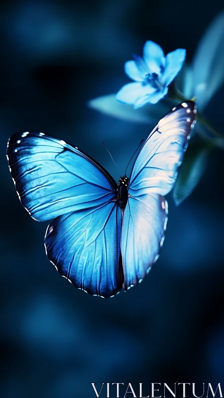 Blue butterfly rests near soft-focused flower in darkness