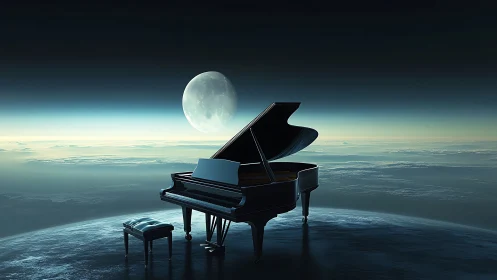 Moonlit grand piano on surreal cloud horizon at night.
