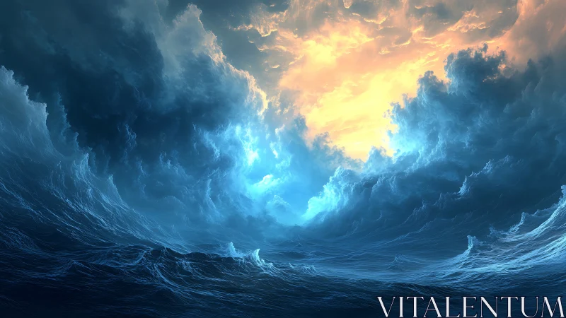 Storm-tossed ocean converges beneath blazing celestial sky