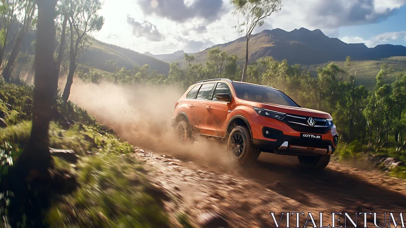 Orange off-road SUV dispersing dust on rugged forest trail.