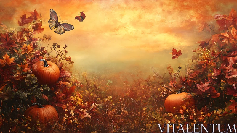 Golden dusk over pumpkins and drifting autumn butterfly.