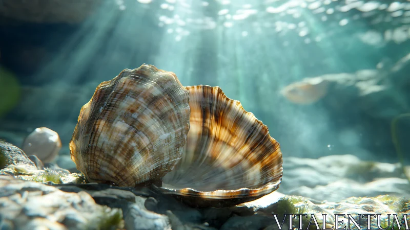 Sunlit seashells rest gently on a peaceful ocean floor