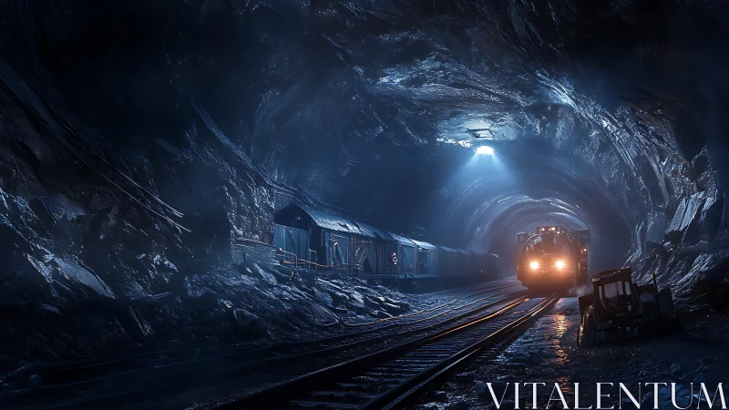 Freight locomotive in illuminated underground rail tunnel.