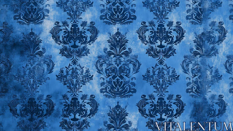 Velvety blue damask dreams on weathered painted walls.