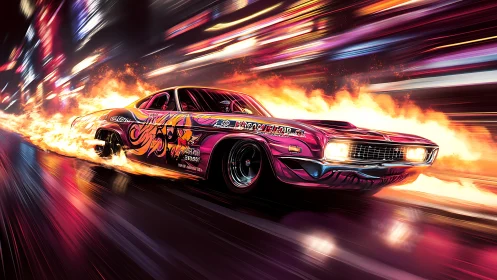 Flaming muscle car racing through neon city street at speed.