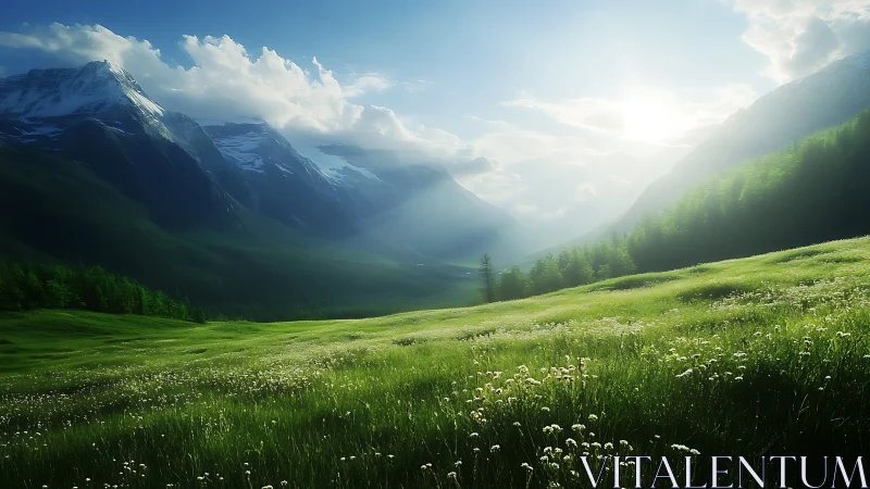 Sunlit mountain valley shows graded meadow and distant peaks