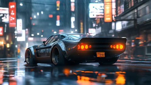 Retro muscle car glows on neon city streets in heavy rain.