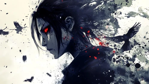 Dark-eyed anime antihero emerges from inky chaos of crows.