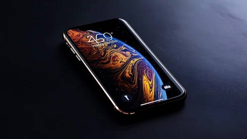 iPhone XS Max displaying liquid gold wallpaper against darkness.