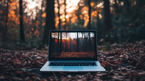 Laptop window opening a quiet autumn forest retreat.