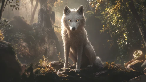 Backlit white wolf with volumetric forest lighting and crisp fur shading