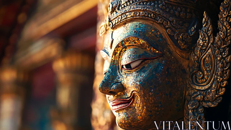 Gilded temple guardian head glows in warm sunset light.