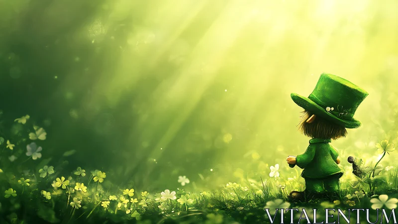 Leprechaun in sunlit clover meadow under glowing light.