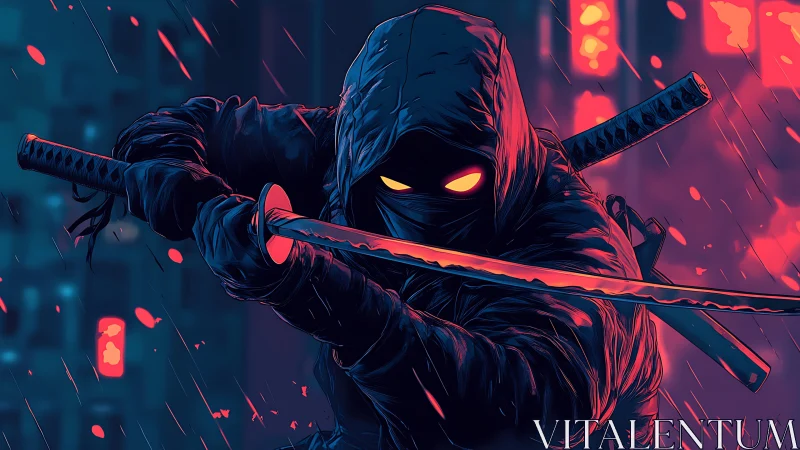 Midnight cyber ninja poised beneath neon rain-soaked skies.