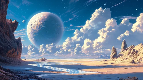 Expansive alien desert under massive ice planet with stratified clouds