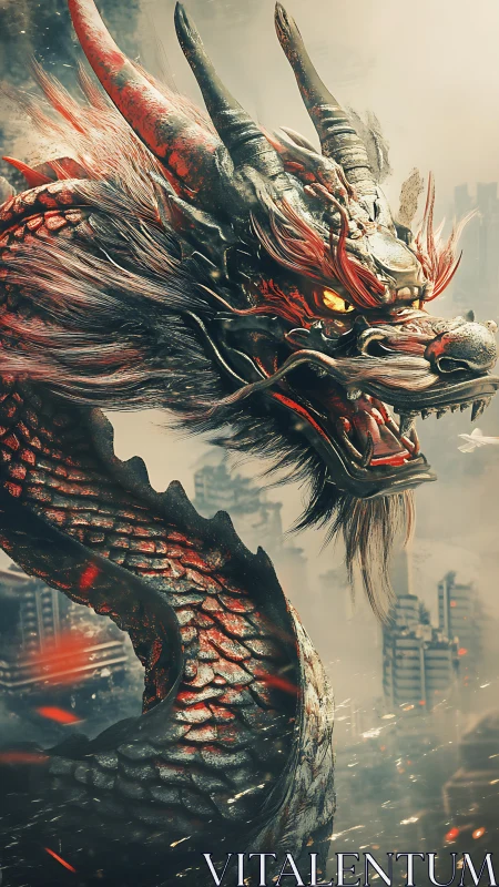 Dragon dominates ruined city skyline with fiery presence