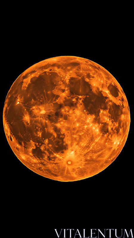 Luminous orange lunar sphere rendered in high-contrast detail