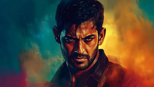 Male portrait in intense lighting with color gradient background.