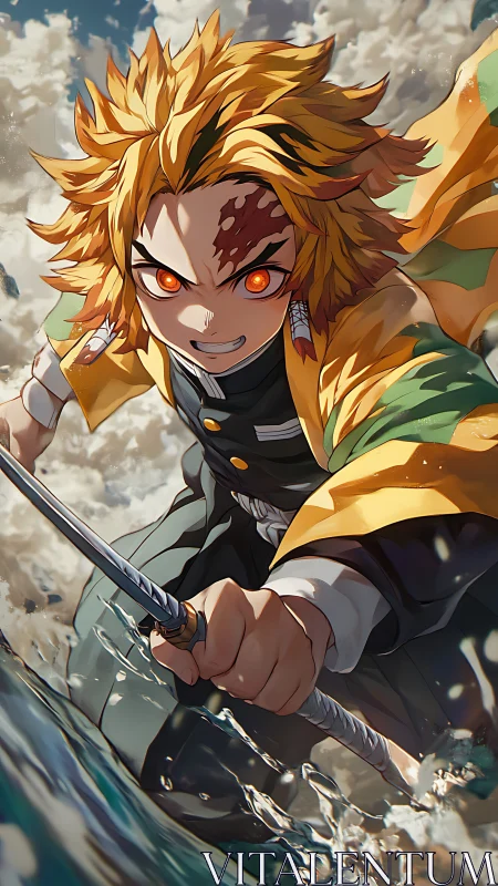 Flame eyed warrior carves lightning streaks across the sea