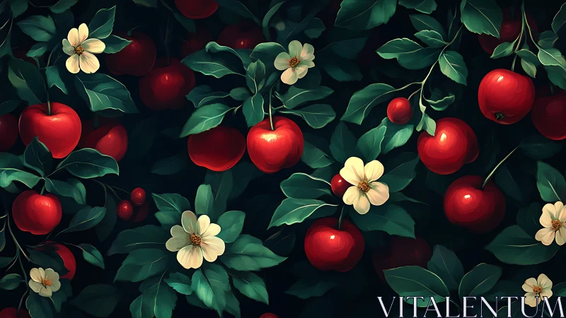 Lush garden of ruby apples and gentle cream blossoms.