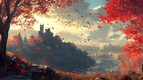 Mountain valley river and distant castle in autumn light.