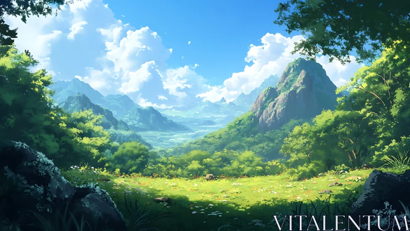 Sunlit meadow cradles misty mountains in painted stillness
