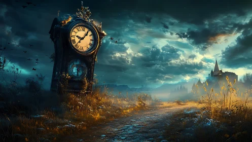 Ancient clocktower tilts over a misty path at twilight.