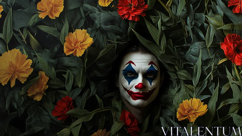 Clown makeup portrait framed by dense marigolds and foliage