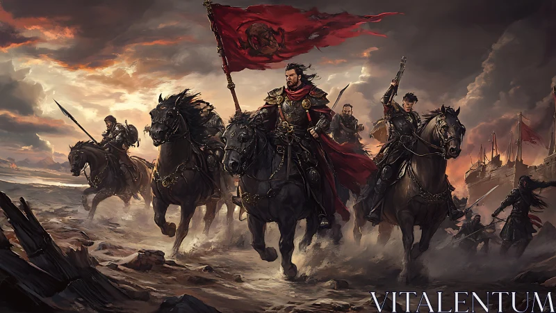 Storm-swept cavalry charge with crimson war banner unfurled.