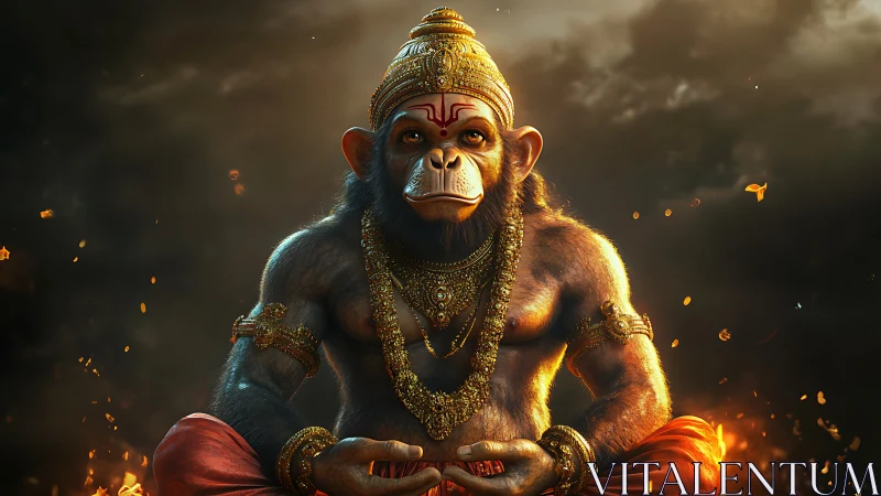 Mythic simian deity in fiery meditative posture, hyper-detailed.