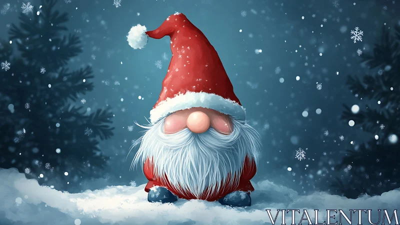 Cartoon gnome in red hat standing in snowy winter forest.