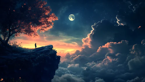 Lone figure on cliff under luminous moonlit nebula sky.