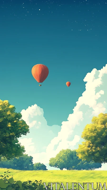 Hot air balloons drift above sunlit meadow under vast sky