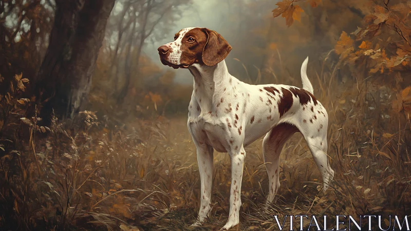 Pointing dog in autumn woodland with soft diffused light.