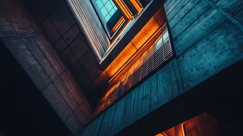 Tilted concrete canyon glows with neon dusk geometry