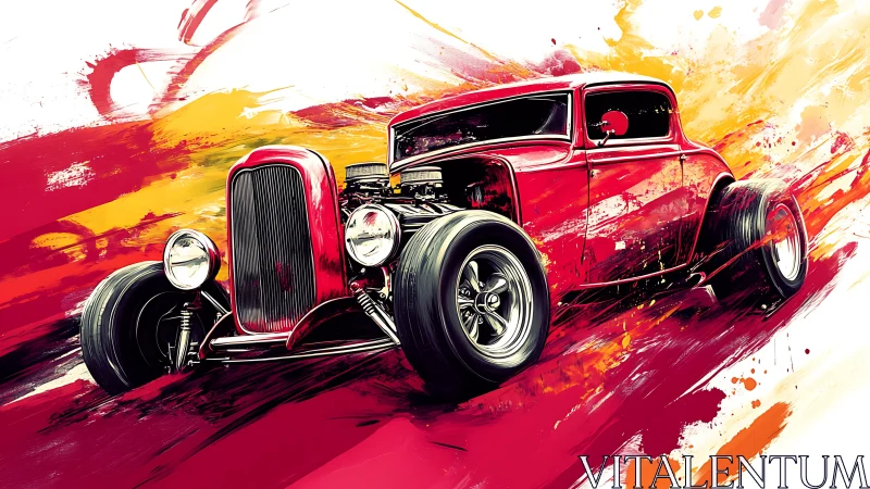 Red hot rod coupe rendered in dynamic paint-splash style