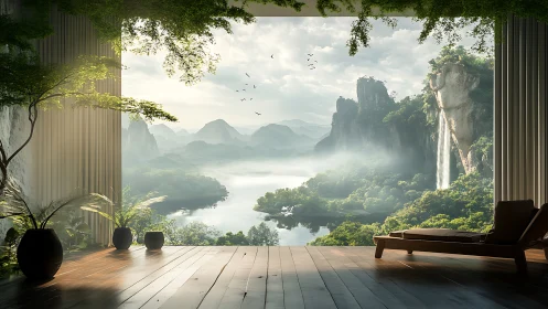 Interior terrace opening onto misty lake and waterfalls scene.