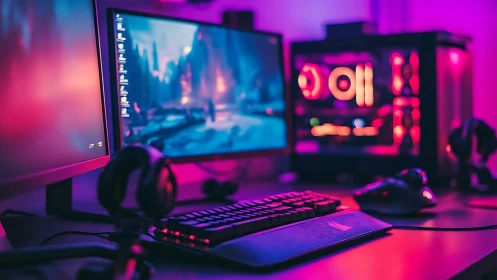 Neon pixels hum quietly while the gaming rig dreams in color