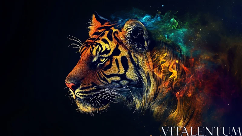 Neon cosmic tiger profile glows through swirling color nebula.