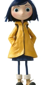 Blue haired cartoon girl in yellow raincoat standing.